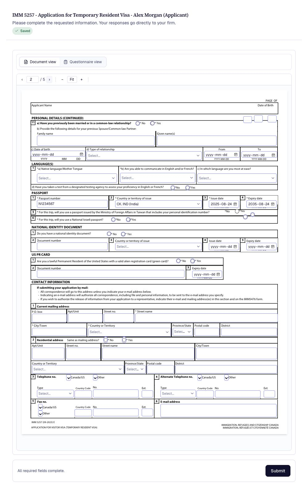 NorthStar Document view showing page 2 of the original IMM 5257 and its passport fields.